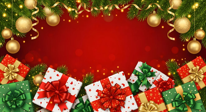 Festive Christmas background with colorful wrapped gift boxes, golden baubles, and glowing lights on a red backdrop.