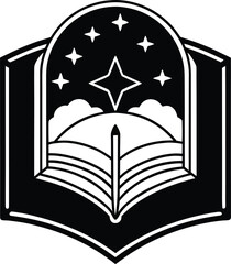 The silhouette of an open book with a magical portal or landscape escaping its pages..