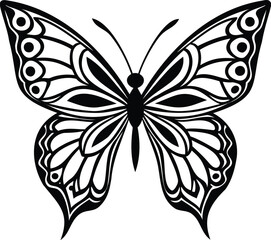 The simple silhouette of a butterfly with complex, symmetrical patterns filling its wings..