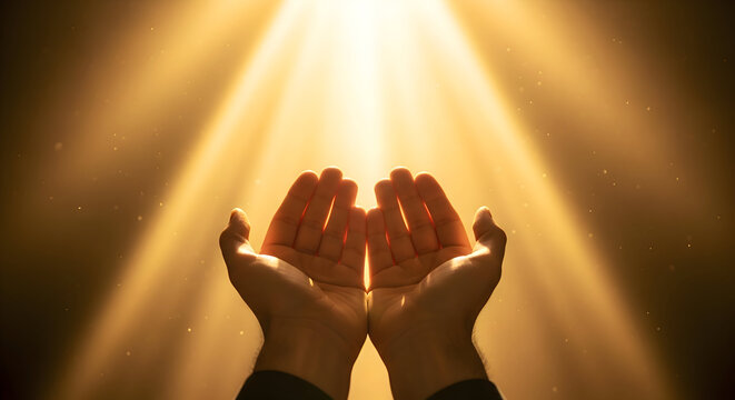 Cupped hands reaching upwards, bathed in a cascade of golden light beams, suggesting hope, prayer, or divine intervention.