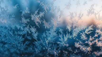 Frozen Window with Intricate Ice Crystals Illuminated by Golden Light Creating a Wintery Abstract Scene Cold Tone Background Macro Close Up