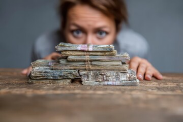 Woman pushes a stack of money across a wooden table in a quiet room, showcasing an intense focus on financial matters amidst the neat organization of cash