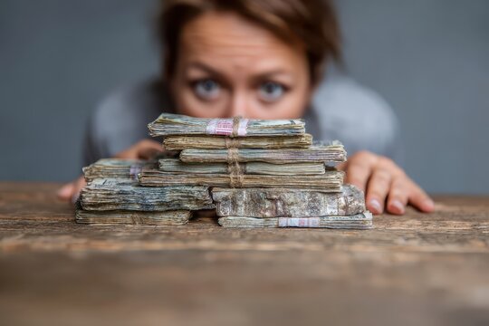 Woman pushes a stack of money across a wooden table in a quiet room, showcasing an intense focus on financial matters amidst the neat organization of cash - Powered by Adobe