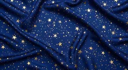 A luxurious deep blue fabric with a scattered pattern of shimmering golden stars, creating a celestial and elegant texture with soft folds.
