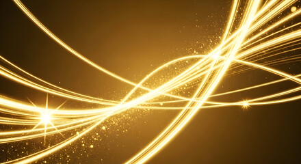 Abstract golden light trails and sparkling particles on a dark background, creating a dynamic and energetic pattern.