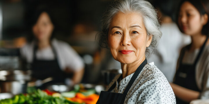 Elderly Asian Female Chef Smiling in Professional Kitchen with Vegetables in Background