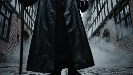 A shadowy figure clad in a long coat strolls through fog-covered cobblestone streets. The early morning light flickers as secrets of the abandoned area emerge, evoking curiosity and intrigue.