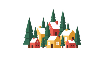 Colorful Village Homes Nestled Among Winter Pine Trees A Vector Illustration for Design Projects