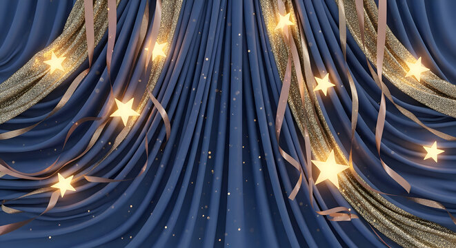 Festive arrangement of draped blue fabric with shimmering gold ribbons and glowing stars, creating a celebratory and elegant background.