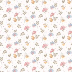 Hand drawn flower pattern, floral seamless pattern, cottagecore ditsy tile print, sweet flower print on light  background. Small flower style, pastel color, design for fashion, texture, fabric