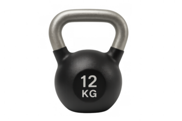 Kettlebell with 12 kg weight marking for strength training and fitness workout on transparent background