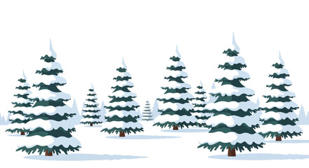 Obraz premium A serene winter landscape illustration featuring a forest of snow-covered evergreen fir trees on a simple white background