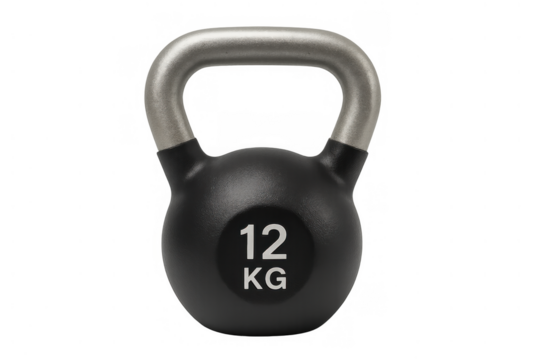 Kettlebell with 12 kg weight marking for strength training and fitness workout on transparent background