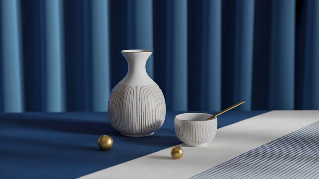 Minimalist still life featuring white ribbed vase and bowl with gold spheres and spoon on blue and white surface