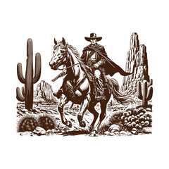  Lone Cowboy Riding Through the Desert – Vintage Western Engraving