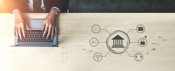 A concept of digital banking and online financial technology (FinTech) services. A central platform for secure transactions, support, and business finance. Motif