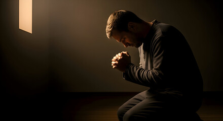 A man kneels in prayer, his head bowed and hands clasped, illuminated by a soft light in a dark, contemplative space.