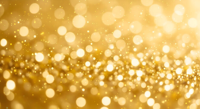 Abstract golden background with blurred glowing light particles creating a festive atmosphere.