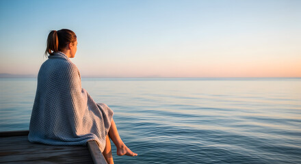 Woman wrapped in a blanket sitting by the sea at sunrise, enjoying the peaceful moment of solitude