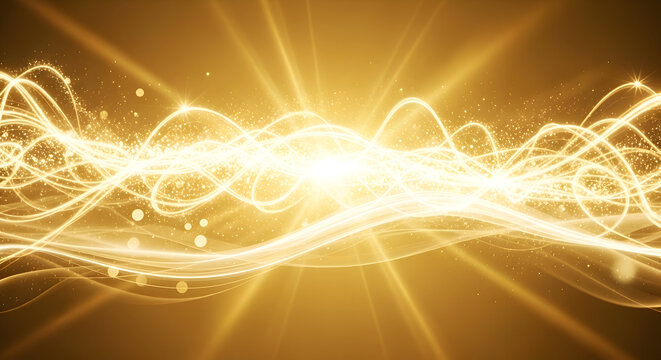 Abstract golden light trails and glowing particles create a powerful energy wave on a dark background.