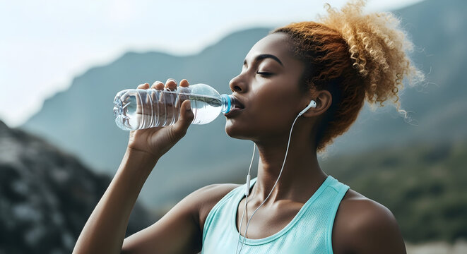Athletic woman drinking water from a bottle after workout, hydrating for health and fitness in nature