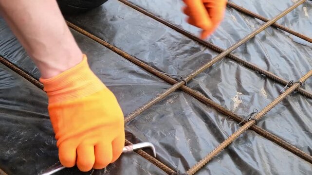 Builder ties reinforcement mesh with metal wire, hands close-up, concrete slab construction process.