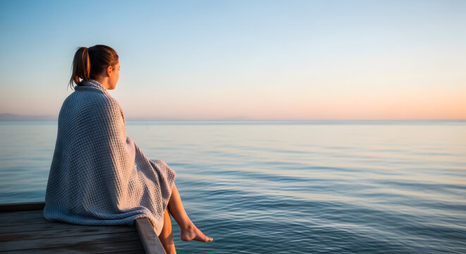 Woman wrapped in a blanket sitting by the sea at sunrise, enjoying the peaceful moment of solitude
