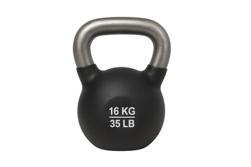 Black kettlebell with gray handle showing 16 kg and 35 lb weight in a fitness and workout concept