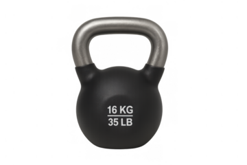 Black kettlebell with gray handle showing 16 kg and 35 lb weight in a fitness and workout concept