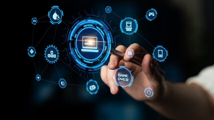 Gaming icons show online gaming, game streaming, and interactive play. Gaming supports esports, game community, and digital gaming experience. Entice