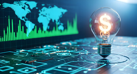 Dollar sign inside lightbulb with world map and stock market chart for creative business idea