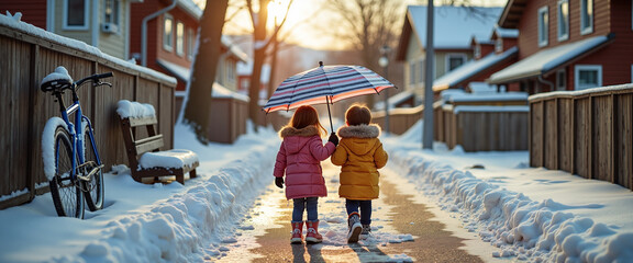 Two children walking with umbrella in snowy neighborhood at sunset  