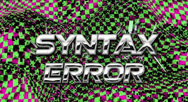 Digital Syntax Error message on a vibrant glitching checkerboard background graphic