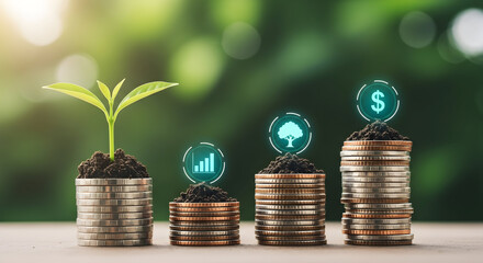 Stacks of coins with digital icons represent investment growth and financial planning concept