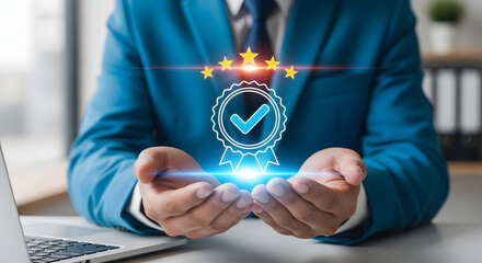 Businessman holding quality assurance symbol with five stars represents service guarantee
