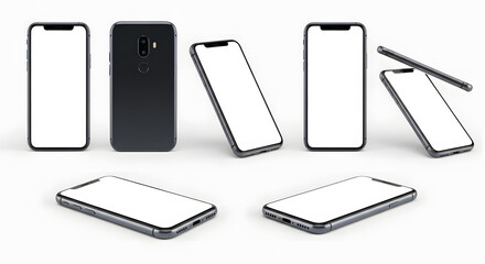 Multiple angles of modern smartphone design, showcasing sleek technology and blank screen displays