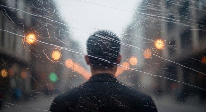 A lone figure gazes through a textured glass pane at the blurry city lights below, a moment of - Powered by Adobe