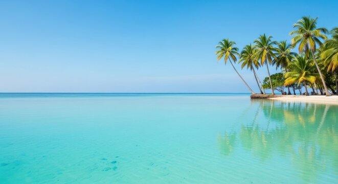 Stunning tropical island paradise with crystal clear turquoise ocean water reflecting lush palm trees on a pristine white sand beach