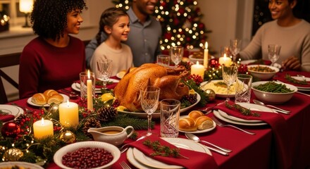 Happy African American family enjoying a festive Christmas dinner together, gathered around a table with a roasted turkey and holiday decorations