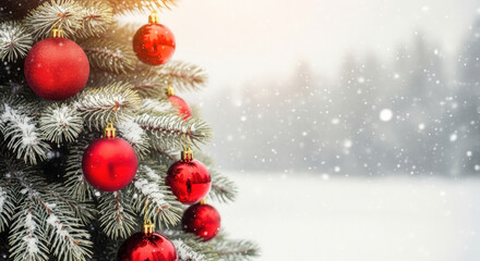 Christmas & xmas holidays concept. Red balls on fir branches, winter snowy backdrop. festive winter background.