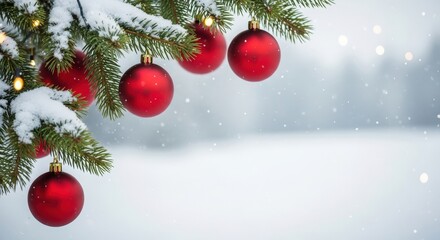 Christmas & xmas holidays concept. Red balls on fir branches, winter snowy backdrop. festive winter background.
