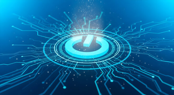 Abstract power button with circuit board background, representing technology and innovation