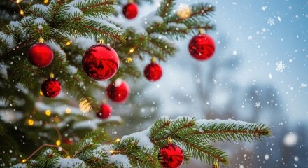 Christmas & xmas holidays concept. Red balls on fir branches, winter snowy backdrop. festive winter background.