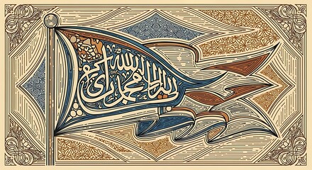 Vintage illustration of an ornate Islamic flag with Arabic calligraphy.