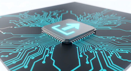 Close up shot of a microchip with an upload arrow, representing data transfer and cloud computing