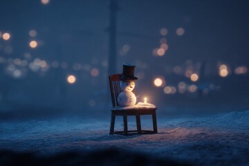 snowman with glowing candle in the snow