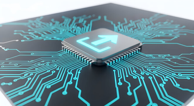 Close up shot of a microchip with an upload arrow, representing data transfer and cloud computing