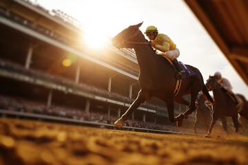 Naklejka premium a dramatic moment of the race, a close-up shot of the action at full speed on his horse with the jockey wearing yellow and white gear. 