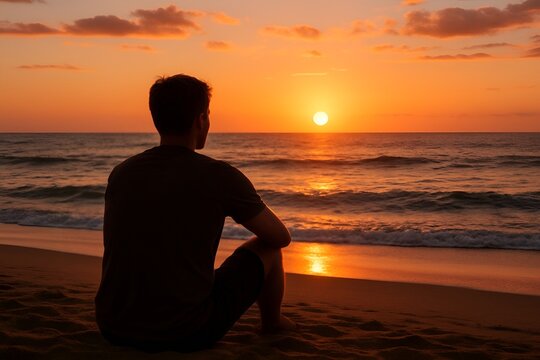 A man sits on the edge of the beach, facing the sun that is slowly setting on the horizon. The silhouette of his body appears calm, sitting relaxed on the warm sand. man sitting on the beach at sunset