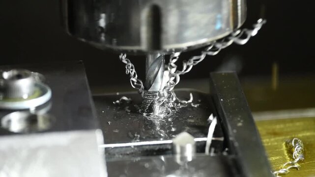 Slow motion close up scene  tapping process the metal plate on CNC milling machine.